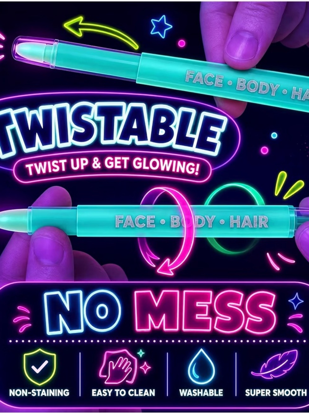 UV Neon Body Crayons - 12 Vibrant Colors Twistable & Washable Face Paint - Picture 3 of 6